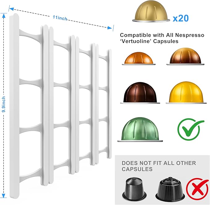 Coffee Pod Holder Compatible with Nespresso VertuoLine Capsules – 20-Pod Space-Saving Organizer for Wall, Cabinet, or Under-Counter Mount, White
