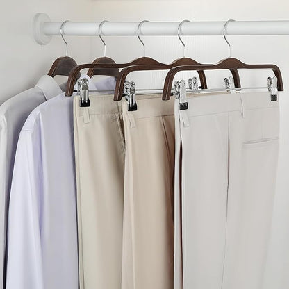 TOPIA HANGER Wooden Pants Hangers, Slim Natural Wood Skirt Hangers with Anti-Rust Hook and Adjustable Metal Clips, Perfect for Skirts, Pants, Slacks-20 Pack-CT17A20