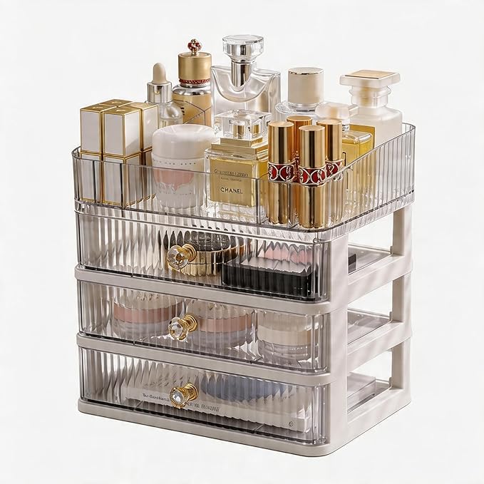 Makeup Organizer with 3 Drawers, Clear Bathroom Counter Organizer, Skincare Organizer for Vanity Countertop, Cosmetic Display Case, Ideal Choice for Storing Lipsticks, Nail Polishes, Perfumes