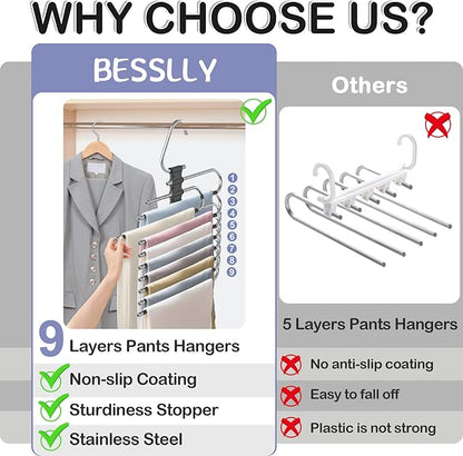 Upgrade 9 Layers Pant Hangers Space Saving, Non Slip Stainless Steel Multifunctional Pants Rack S-Type Clothes Pant Closet Hanger Organizer with Hooks for Pants Jeans Trousers Scarf (4 Pack, Black)