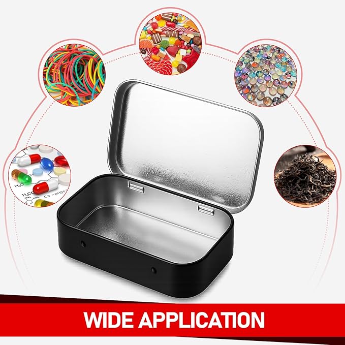 2 Pack Metal Rectangular Empty Tin Box, Hinged Tins Tin Containers with Lid Mini Portable Small Storage Container Kit for Home Storage 3.74x2.36x0.82 Inch(Black)