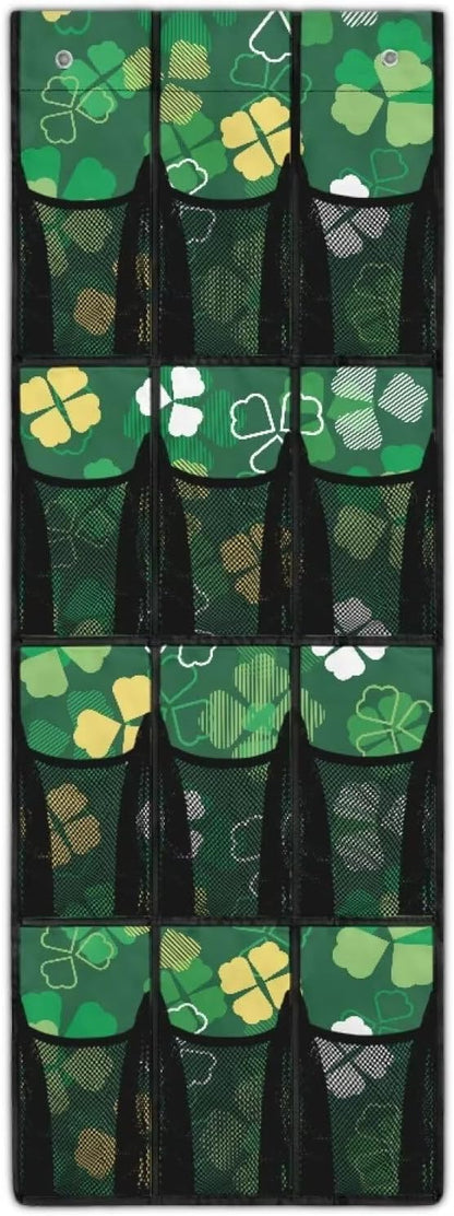 12-Section Over The Door Storage Bag, Oxford Material, Waterproof Scratch-Resistant and for Organizing Bathroom Kitchen Bedroom Essentials, Lucky Four Leaves