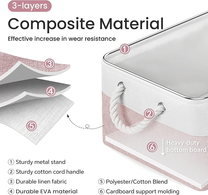 Large Storage Baskets- 15.7x11.8x8.26 inch Storage Bins for Shelves and Closet Organizing, Foldable Fabric Bin for Home Organization Clothes and Laundry (6-Pack, White&Pink)