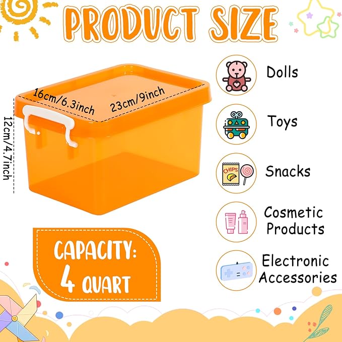 6 Pack 4 Quart Colorful Plastic Storage Bins with Lids Stackable Storage Bins with Latching Lids Handle Clear Colored Storage Organizer Bins for Home Office Pantry Containers(Orange)
