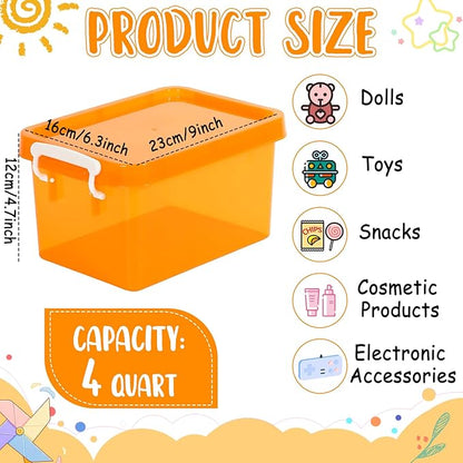 6 Pack 4 Quart Colorful Plastic Storage Bins with Lids Stackable Storage Bins with Latching Lids Handle Clear Colored Storage Organizer Bins for Home Office Pantry Containers(Orange)