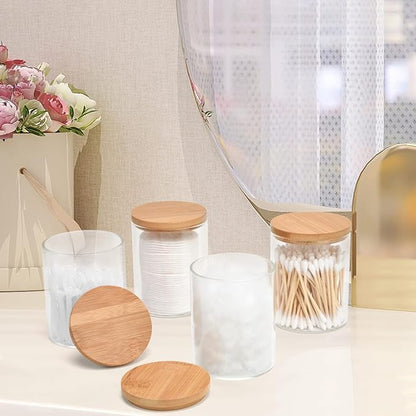 BKYFPQ 4 Pack Glass Qtip Holder Dispenser Set - Apothecary Jars with Lids for Vanity Makeup Organizer - Bathroom Canister Storage Organizer for Cotton Ball,Swab,Round Pads,Floss