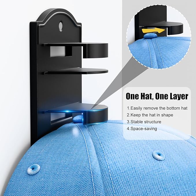 Hat Rack for Baseball Caps on the Wall, Adhesive Hat Storage Organizer, Ball Cap Hooks Display, Vertical Hat Hanger Holder for Door and Closet, Hold Up to 10 Hats, Black, 1 Pack