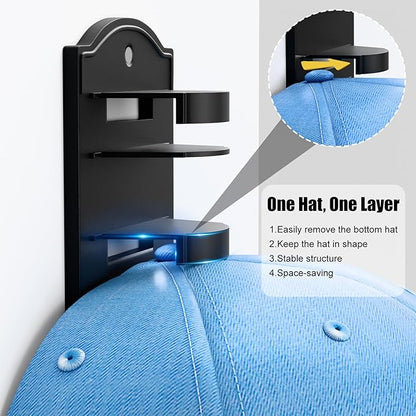Hat Rack for Baseball Caps on the Wall, Adhesive Hat Storage Organizer, Ball Cap Hooks Display, Vertical Hat Hanger Holder for Door and Closet, Hold Up to 10 Hats, Black, 1 Pack