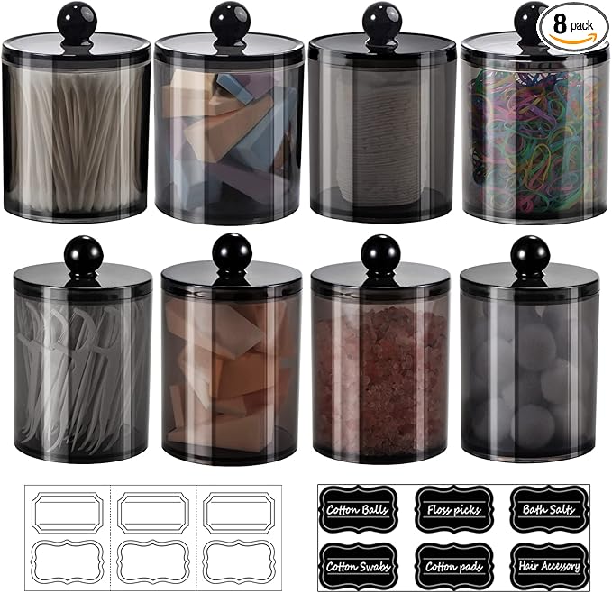 SheeChung 8-Pack Qtip Holder,Black Acrylic Canister Apothecary Jars with Lids & 12 Labels - (4) 10oz & (4) 12oz Plastic Canisters Bathroom Storage Set - Shatterproof Qtip Holder for Home Organization