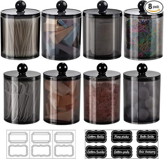 SheeChung 8-Pack Qtip Holder,Black Acrylic Canister Apothecary Jars with Lids & 12 Labels - (4) 10oz & (4) 12oz Plastic Canisters Bathroom Storage Set - Shatterproof Qtip Holder for Home Organization