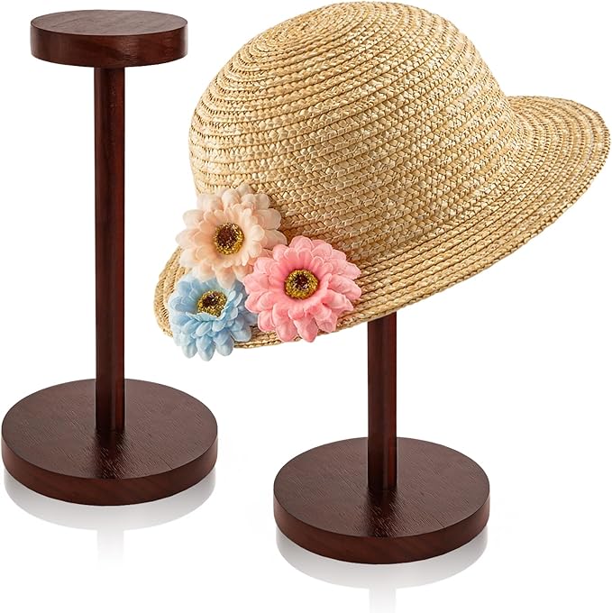 Peohud 2 Pack Wood Hat Display Stand, Tabletop Rustic Cowboy Hat Rack, Vintage Wig Holder, Jewelry Display Riser Helmet Organizer for Home