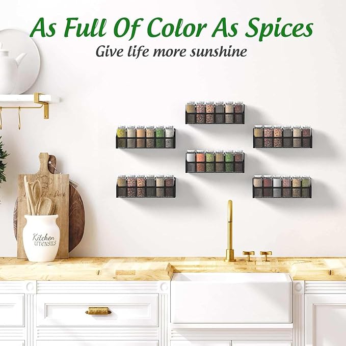 6 Spice Rack Wall Mount Pantry Organizer for Cabinet Over Door, Hanging Black Spice Pantry Organization Storage Shelf, Farmhouse Kitchen Seasoning Organizer