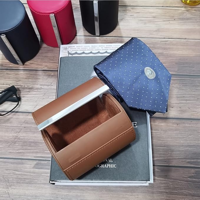 YY YEARCHY Men's Necktie Travel Case, Tie Anti-Wrinkle Organizer Box - Formal Cylinder Shape (Brown)