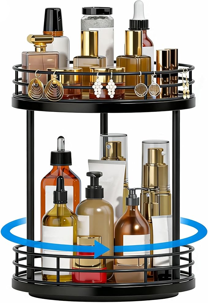 2-Tier Rotating Bathroom Countertop Organizer, Wooden Makeup Vanity Storage, Multifunctional Lazy Susan Turntable for Skincare, Perfume and Cosmetics (Black)
