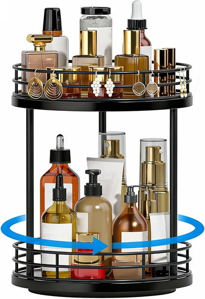 2-Tier Rotating Bathroom Countertop Organizer, Wooden Makeup Vanity Storage, Multifunctional Lazy Susan Turntable for Skincare, Perfume and Cosmetics (Black)