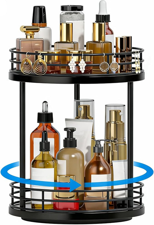 2-Tier Rotating Bathroom Countertop Organizer, Wooden Makeup Vanity Storage, Multifunctional Lazy Susan Turntable for Skincare, Perfume and Cosmetics (Black)