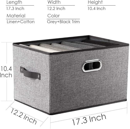PRANDOM Larger Collapsible Storage Bins for Closet [3-pack] Decorative Linen Fabric Storage Baskets Cubes with Leather/Metal Handles for Living Room Cloth Grey and Black Trim (17.3x12.2x10.4 Inch)