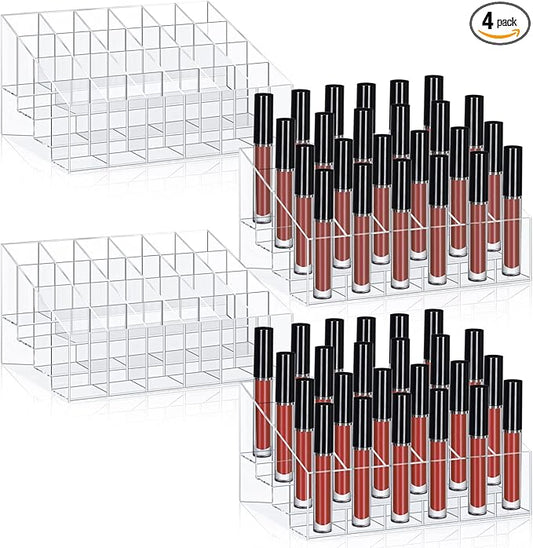 Macarrie 4 Pieces Lipstick Holder Organizer 24 Slot Acrylic Lipstick Makeup Organizer Case Display Stand Storage Box for Lipsticks Lipgloss Brushes Cosmetics
