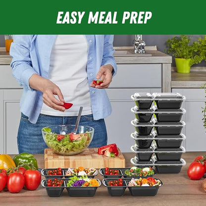Dealusy 50 Pack (100-Piece) 28 oz Meal Prep Containers Reusable with Lids 2-Compartment, Sturdy Leakproof Food Safe, Microwave Freezer Dishwasher Safe, To Go Take Out Plastic Food Storage, Black