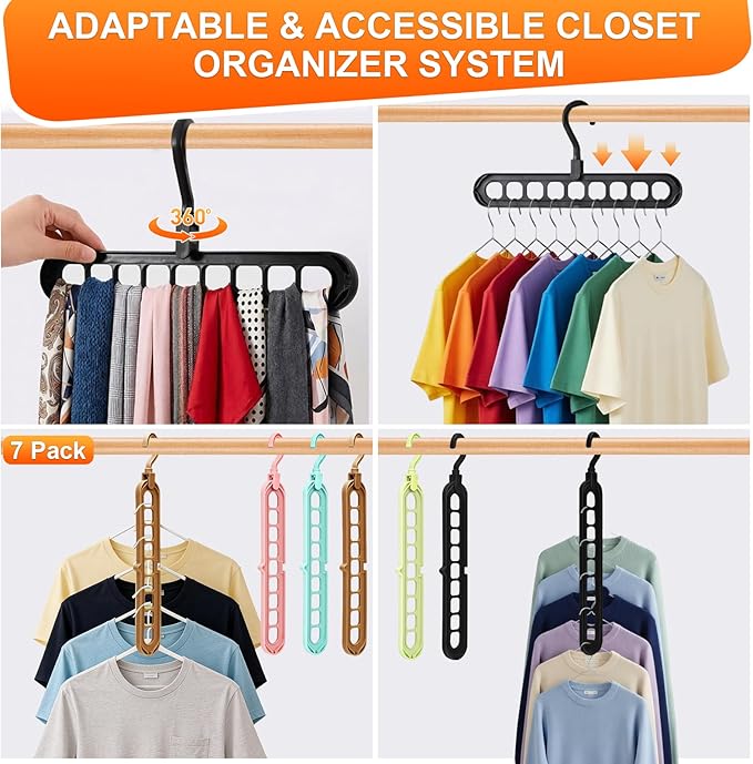 Magic Space Saving Hangers,7 Pack Multi-Functional Closet Organizers and Storage, 9-Hole Cascading Hanger, College Dorm Room Essentials for Guys, Heavy Duty Wardrobe Clothes Drying Rack for Shirts