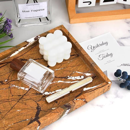 Marble Bathroom Vanity Tray, Natural Luxury Vanity Home Kitchen Bathroom Table Tray, Stone Decorative Countertop Dresser Trays for Key Coffee Perfume Jewelry Makeup (Rainforest Brown, 12"x 8" x1.2")