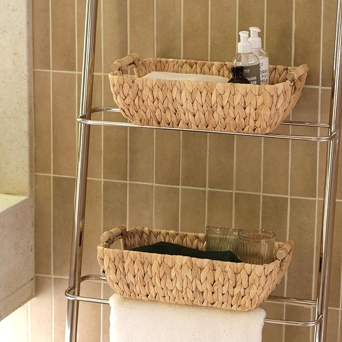 2 Pack Wicker Storage Baskets with Wooden Handles, Large Water Hyacinth Basket for Organizing Shelves, Natural Woven Storage Baskets for Snack, Gift