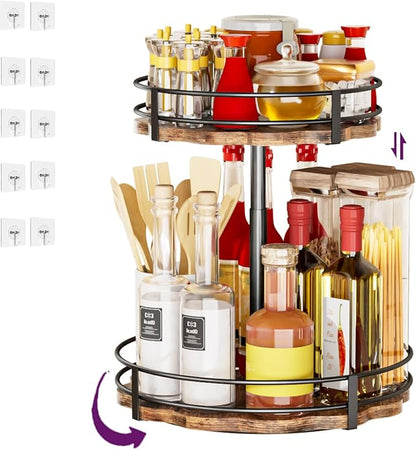 Heavy-Duty 2-Tier Lazy Susan Organizer, Adjustable to Different Heights, Countertop Spice Rack, Upgraded Thickened Wooden Board, Suitable for Seasoning Organizer, Kitchen Organization