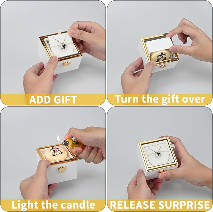 Rotating jewelry box, pop-up surprise gift box, romantic birthday surprise rotating necklace and ring box, Valentine's Day, birthday, anniversary, wedding gift (White)