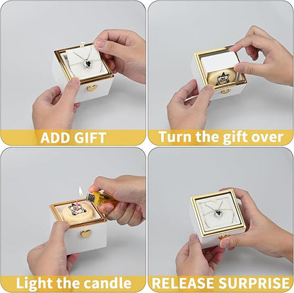 Rotating jewelry box, pop-up surprise gift box, romantic birthday surprise rotating necklace and ring box, Valentine's Day, birthday, anniversary, wedding gift (White)