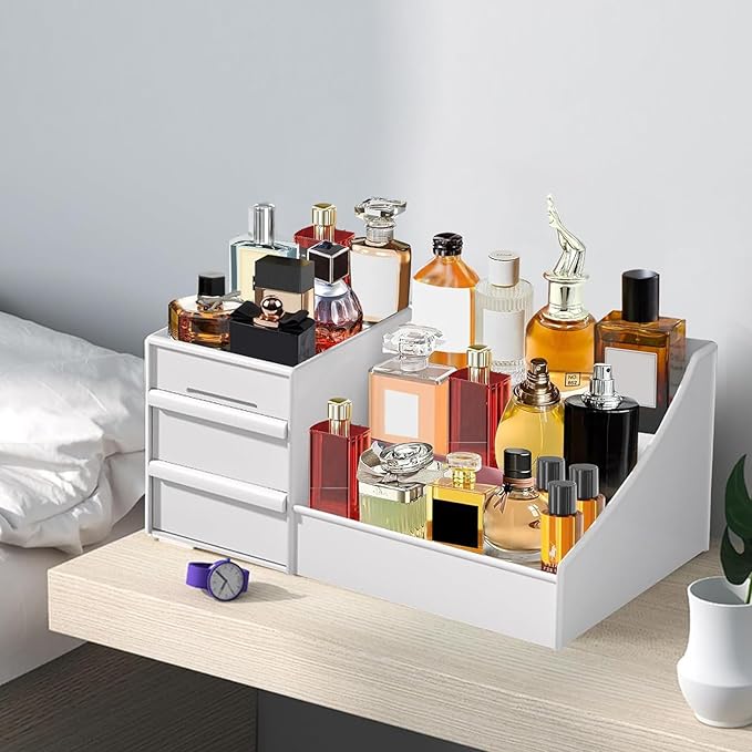 Mens Perfume Organizer, Mens Cologne Organizer,Countertop Organizer With Drawers for Cologne, Deodorant, Beard, Shaving Lotion, Perfume & Skincare - Perfect for Bathroom & Bedroom Storage (White)