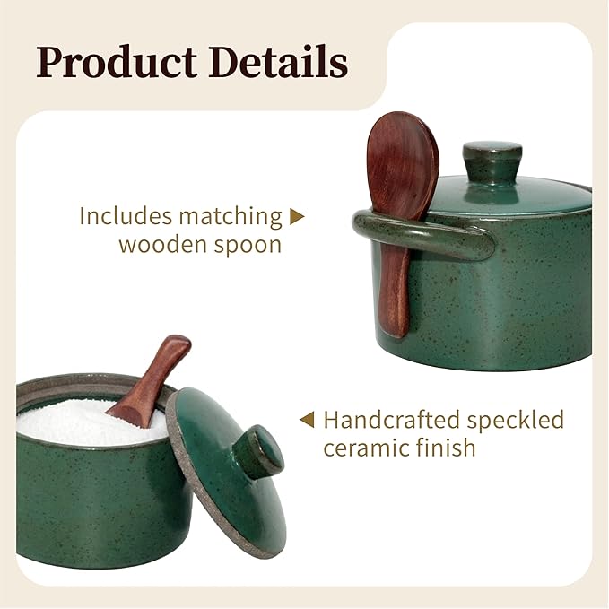 Handcrafted Speckled Ceramic Salt Cellar with Wooden Spoon, Rustic Vintage Spice Jar, Dishwasher Safe, 8.45 fl oz (Vintage Green)