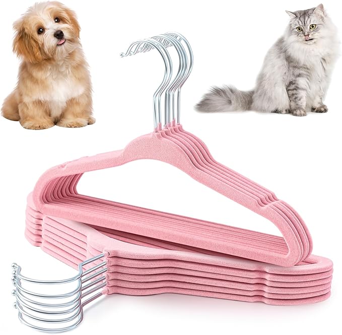 Weysat 12 Pcs Pink Dog Clothes Hangers 11'' Non-Slip & 360° Swivel Velvet Small Pet Hangers for Cats/Dogs with Rustproof Metal Hooks, Space-Saving for Home Storage & Grooming Salons Minimalism