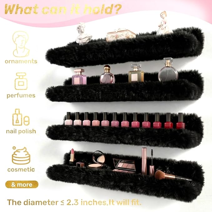 Care&More YJ 15 Inch Nail Polish Shelves, 4-Pack Fuzzy Display Nail Polish Rack for Storing Nail Bottles, Sunglasses, Essential Oils, Plush Soft Black