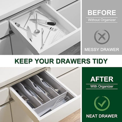 Bellsal Grey Utensil Organizer 10 Inch Silverware Tray for Drawer Utensil Holder Cutlery Organizer Kitchen Drawer Organizer 5 Compartment Small Narrow Bamboo