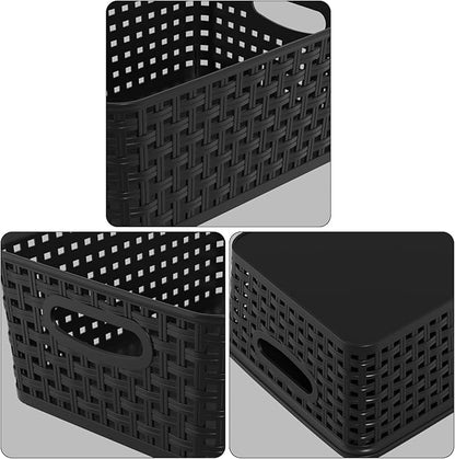Set of 6 Plastic Lidded Storage Shelf Baskets, Stackable Storage Basket with Lid, Black