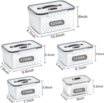 5 Pack Large Fruit Storage Containers for Fridge with vent holes and handle，Airtight Food Storage Containers Keep Fruits, Vegetables, Berry, Meat Fresh longer,BPA-free Fridge Storage Container