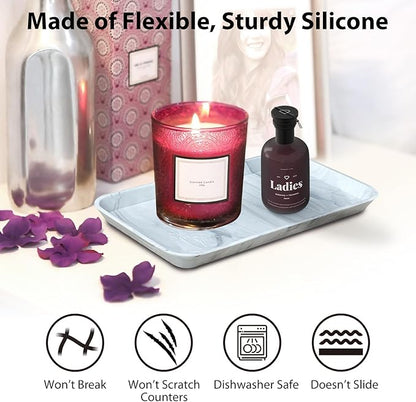 2 Pcs Countertop Vanity Tray, Bathroom Silicone Shatterproof Tray, Soap and Sponge Holder for Kitchen Sink Toilet Tank, Bathroom Holders for Counter, Perfume Candle Key Valet - Marble