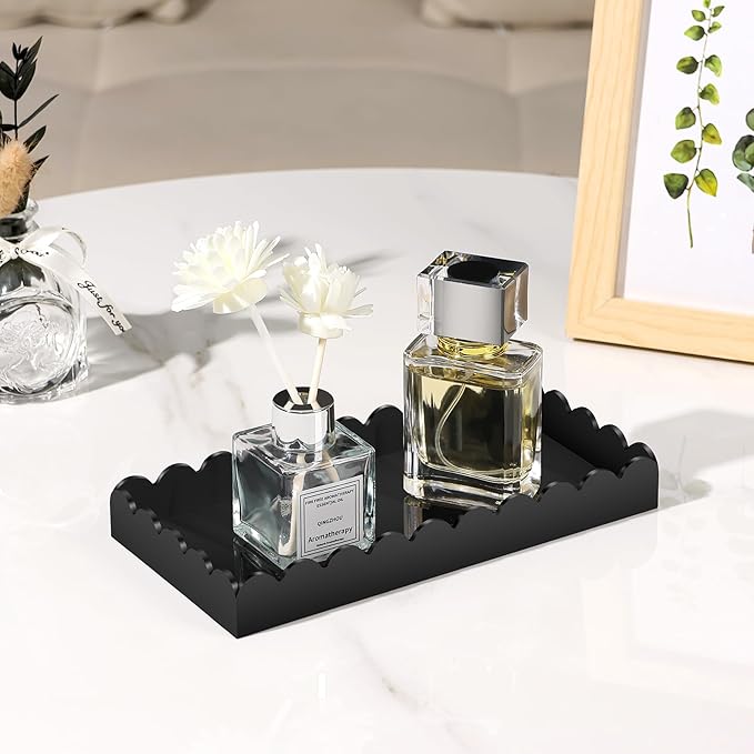 Acrylic Bathroom Vanity Tray 7.9", Soap Dispenser Decorative Scalloped Tray for Bathroom Kitchen Living Room Decor Vanity Perfume, Black