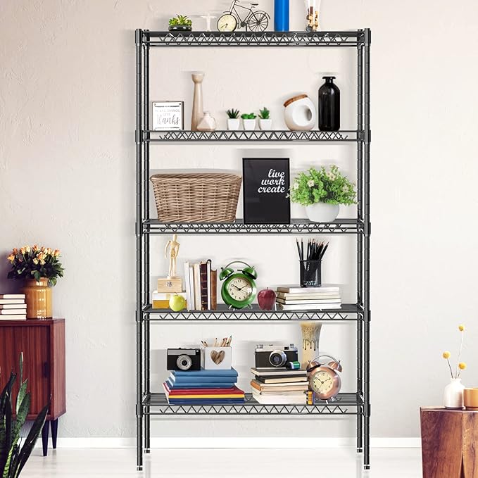 5 Tier Metal Shelving Unit Adjustable Wire Storage Shelves NSF Metal Storage Rack Shelf Organizer Kitchen Storage for Pantry Office, 1200Lbs Capacity, 72" H x 36" W x 14" D, Black