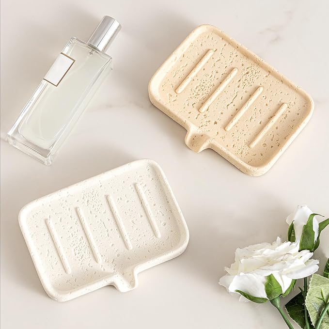 Soap Dish Self Draining Bar Soap Holder Travertine Stone Look Sponge Holders Tray for Shower Bathroom Kitchen Bathtub,Perfect for Dispenser,Scrubber,Bottle,Cup on Sink or Counter (White)