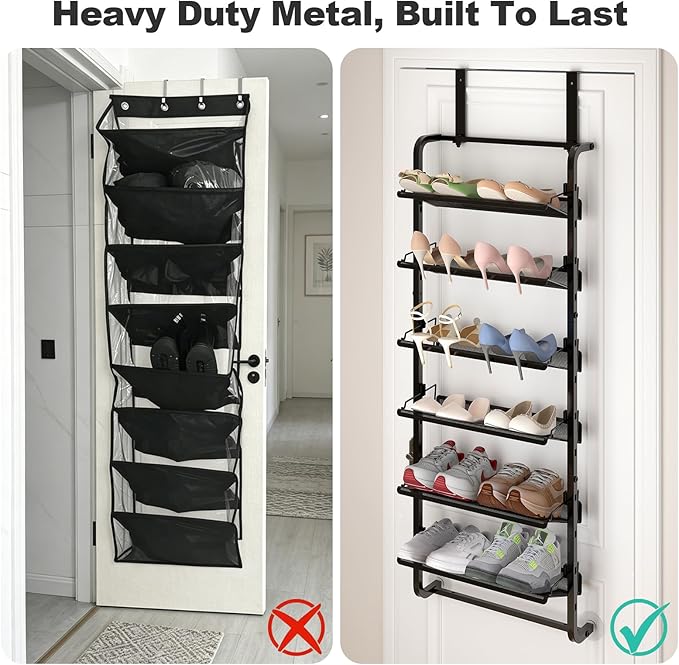 BUKFEN 6 Tier Adjustable Heavy Duty Metal Shoe Rack, Door Hanging and Wall Mount Organizer for Closet, Bedroom, Entryway, Laundry, Apartment, Small Spaces, Space Saving Solution for Busy Homes