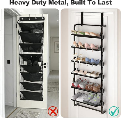 BUKFEN 6 Tier Adjustable Heavy Duty Metal Shoe Rack, Door Hanging and Wall Mount Organizer for Closet, Bedroom, Entryway, Laundry, Apartment, Small Spaces, Space Saving Solution for Busy Homes
