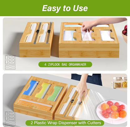 KOCWELL Bamboo Bag Storage Organizer - 2 Wrap Dispenser with Cutter & 4 Slots Food Storage Bags Container - Kitchen Drawer Plastic Bags Storage Organization for Gallon Quart Sandwich Snack Bags