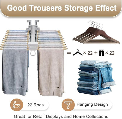 Pull Out Trousers Rack 22 Arms Closet Pants Hanger Bar Stainless Steel Hanger Rail Extendable Trousers for Clothes Towel Scarf Trousers Tie 18x23in (Beige, 22 Arms)