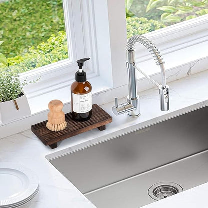 Bathroom Tray Farmhouse Decor Pedestal Stand Wood Riser Display Kitchen Accessories Soap Holder for Sink, Counter, Vanity, 8.7 * 3.6 Dark Brown
