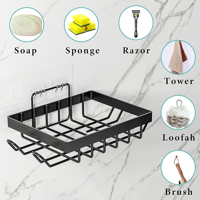 Vowupt Soap Bar Holder for Shower with 8 Hooks, Set of 2 Bar Soap Dish for Bathroom, Self Draining Shower Soaps Holder, Adhesive Soaps Saver Soap Tray Stand for Bathroom Accessories(Black)