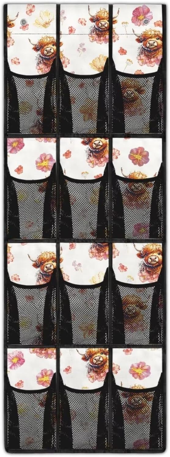 Highland Cow Shoe Organizer Door Hanger for Dorm Room Essentials Multi-Funtion Storage Bag Door Hanging Shoe Organizer for Living Room,Mesh Fabric Wall Hanging Storage with 12 Pockets
