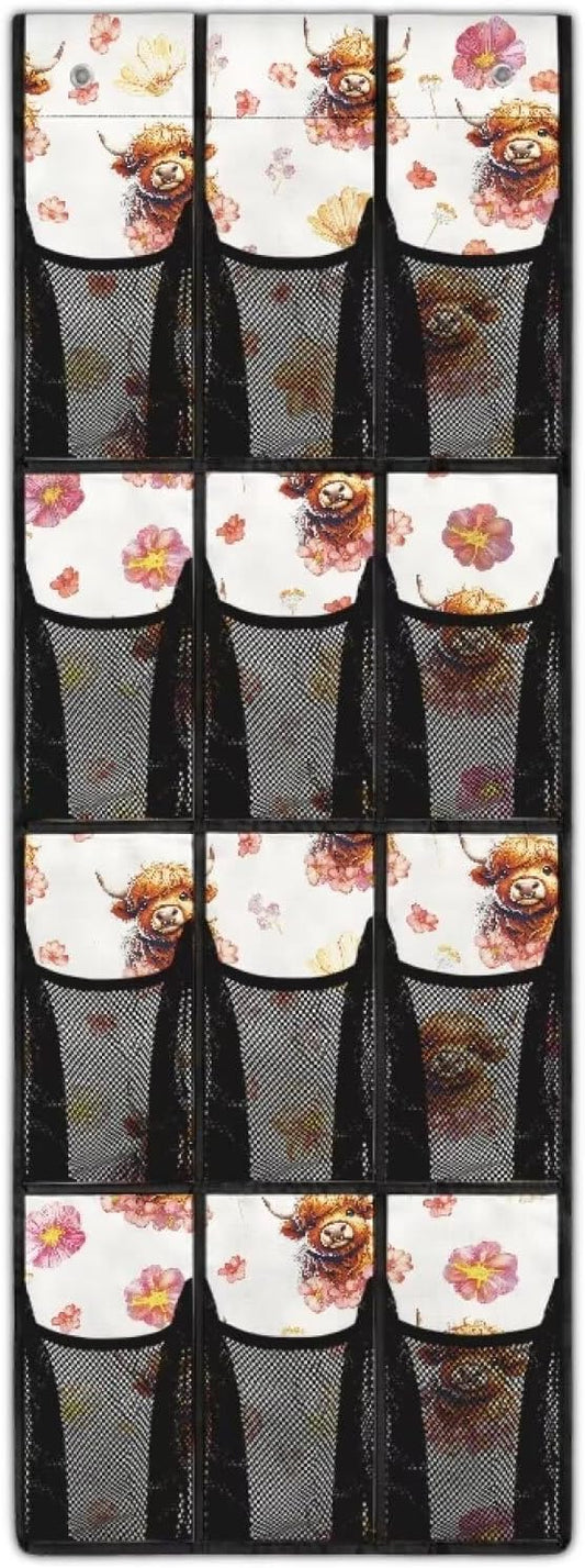 Highland Cow Shoe Organizer Door Hanger for Dorm Room Essentials Multi-Funtion Storage Bag Door Hanging Shoe Organizer for Living Room,Mesh Fabric Wall Hanging Storage with 12 Pockets