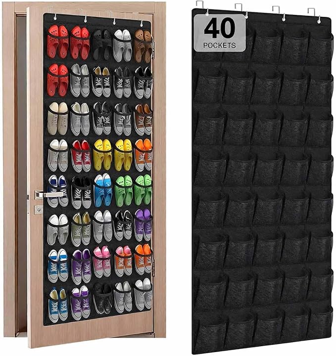 40 Large Mesh Pocket Over the Door Shoe Organizer,Hanging Shoe Rack for Door,Shoes Organizer Hanger with Large Capacity (black)