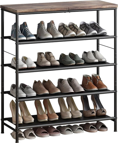 INGIORDAR Shoe Rack Organizer 5 Tier Metal Organizer Shelf with Industrial MDF Board and Layer Fabric for Entryway Closet Bedroom Living Room Garage,Black & Rustic Brown (Black+Rustic Brown, 5 Tier)